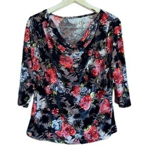 Velvet Burnout Floral Rose Print Women's Top Cowl Draped Neck Line P2P 19”